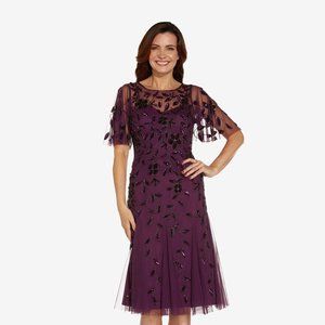 Adrianna Papell Hand Beaded Midi Dress with Flutter Sleeves - Plum Color